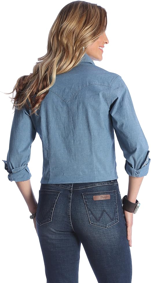 Wrangler Women's Western Snap Work Long Sleeve Shirt- Blue