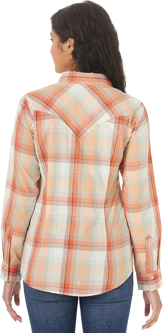 Wrangler Women's Western Snap Work Long Sleeve Shirt- Faded Pink Orange