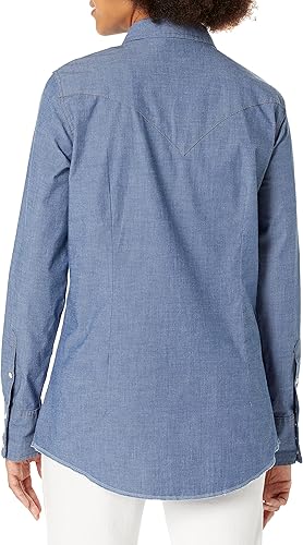 Wrangler Women's Western Snap Work Long Sleeve Shirt- Blue