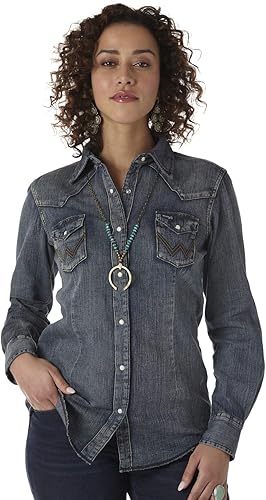 Wrangler Women's Western Snap Work Long Sleeve Shirt- Denim