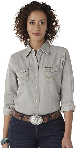 Wrangler Women's Western Snap Work Long Sleeve Shirt- Gray