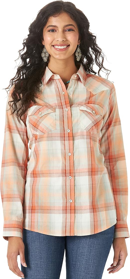 Wrangler Women's Western Snap Work Long Sleeve Shirt- Faded Pink Orange