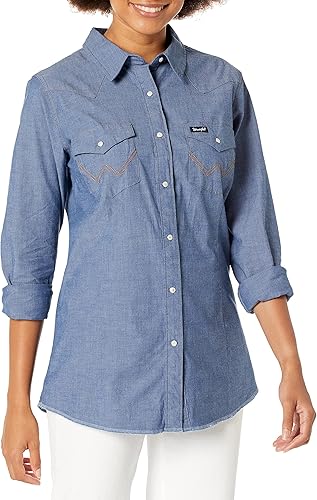 Wrangler Women's Western Snap Work Long Sleeve Shirt- Blue